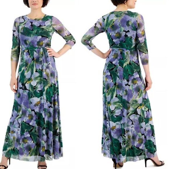 Anne Klein Women's 3/4-Sleeve Floral-Print Maxi Dress Violet Dawn Multi XL NWT - Picture 1 of 7